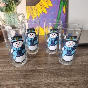 Vintage KIG Indonesia Snowman Christmas Glass Tumblers Set 4 14oz Winter